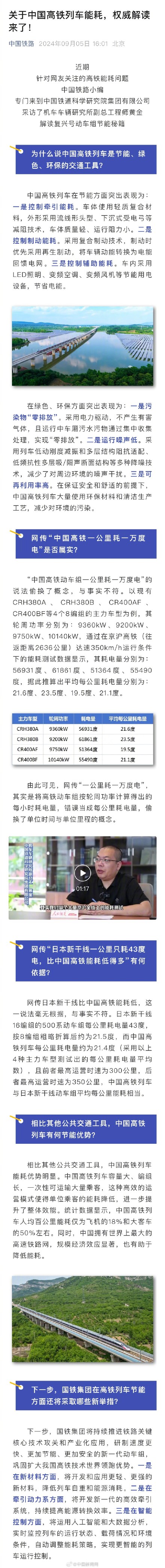 官方辟谣中国高铁1公里耗1万度电